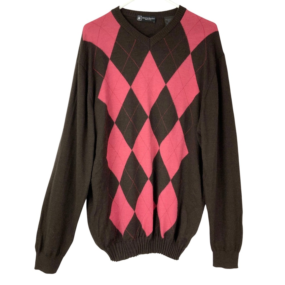 Bachrach Brown Pink Argyle Sweater XL Pullover V-Neck Long Sleeve Merino Wool